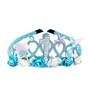 3rd Birthday Tiara for Girls Mermaid Dazzling Pearls Headband for Little Girls Blue Mermaid Princess Tiara Seashell Supplies for Birthday Party Decorations