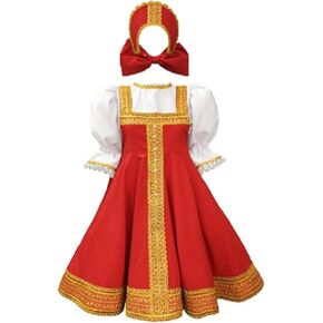 AwwwCos Kids Girl Halloween Party Bubble Dress Russian Traditional Costume Puff Sleeve Princess Dresses Headpiece