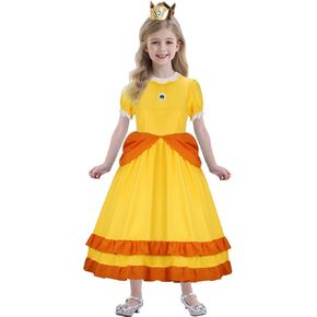 Kids Princess Peach Daisy Costume Dress Crown Outfit Girls Super Brothers Pincess Halloween Cosplay Party Dress Up