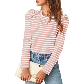 Women's Striped Long Sleeve Shirt Crew Neck Puff Sleeve Top Casual Blouses