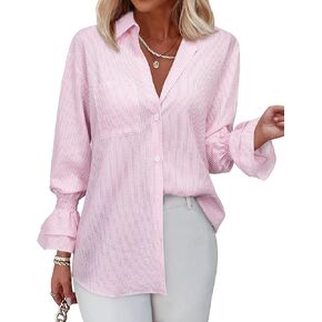 Women's Striped Button Down Shirt Smocked Cuffed Boyfriend Blouse Ruffle Sleeve Casual Tunic Tops with Pockets