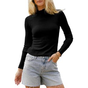 Sidefeel Womens Long Sleeve Shirts Turtleneck Ribbed Top Ruffles Mock Neck Basic Layering Tops
