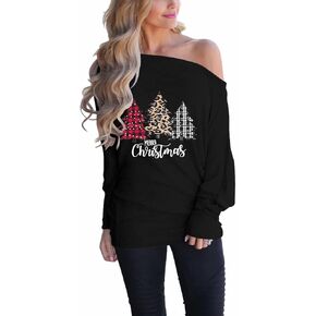 INFITTY Women's Christmas Shirts Off The Shoulder Tops Long Sleeve Graphic Pullover Swertshits Tunic