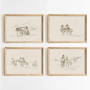 Western Cowboy Wall Art Vintage Canvas Wall Decor Prints Neutral Wall Art Southwest Cowboy Poster Black White Cowboy Painting Western Vintage Pictures for Bedroom Bathroom 12x16 Inch Unframed Set of 4