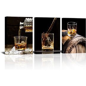 VANSEEING 3 Piece Canvas Prints Wall Art Whisky Pour into Wine Glass Brown Barrels Pictures Vintage Wine Wall Decor for Kitchen Bar Pub Home Decoration Gallery Wrap Ready to Hang 12"x16"x3 Panels