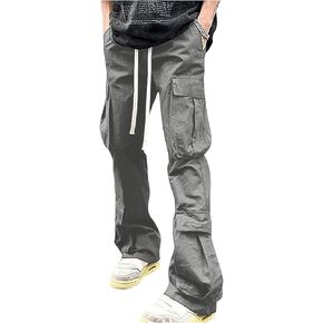 OYOANGLE Men's Drawstring Waist Straight Leg Solid Cargo Pants with Pocket Streetwear