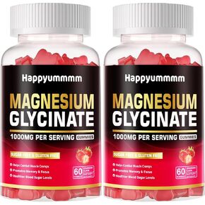 Magnesium Glycinate Gummies 1000mg - Sugar Free Magnesium Potassium Supplement with Vitamin D, B6, CoQ10 for Calm Mood & Sleep Support - 60 Strawberry Gummies.