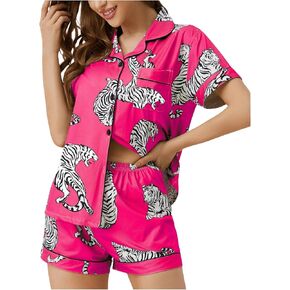 SOLY HUX Women's Pajama Set Tiger Print Sleepwear Short Sleeve Button Down Shirt and Shorts