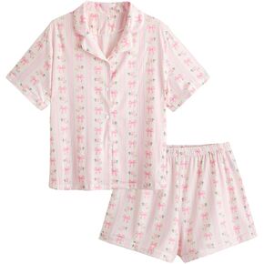Verdusa Women's Plus Size 2 Piece Printed Lounge Pjs Sets Sleepwear Button Up Shirt with Shorts