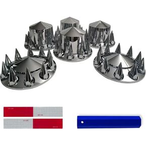32/33mm Axle Hub Covers Wheel Cover Pointed Combo Kit 2 Front and 4 Rear ABS Chrome Plastic Thread-On Lug Nut Covers (Installation Tool Included) with Removable Hub Caps for Semi Trucks