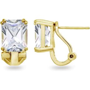 Sterling Silver Octagon Solitaire Cubic Zirconia Statement Omega Back Earrings