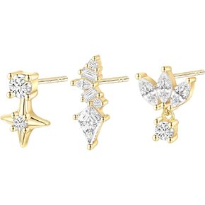TIGRADE 3 Pcs Stud Earrings Set for Women 14K Gold Plated Dainty Cubic Zirconia Cartilage Earrings 925 Sterling Silver Post Hypoallergenic Earring Sets