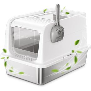 COURPAL® Stainless Steel Cat Litter Box with Lid: Enclosed Open Adjustable Covered Litter Box - Top Front 2-Door Hooded Litter Box with High Enclosure: Easy Clean | Non-Stick | Mess Proof (Pink)