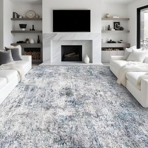 Abstract 9x12 Washable Rug: Modern Ultra Non Slip Area Rug Soft Carpet Foldable Distressed Stain Resistant Neutral Rugs for Living Room Bedroom Decor Large Indoor Farmhouse Rug 9'x12' Gray Cream