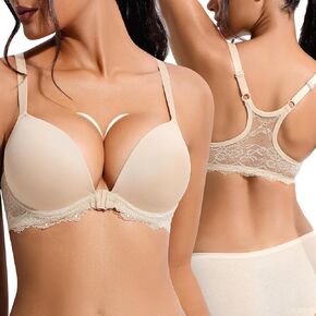 Front Closure Push Up Bras for Women Racerback Add 2 Cup Sizes Padded Plunge Underwire Lace Bra Lift Up