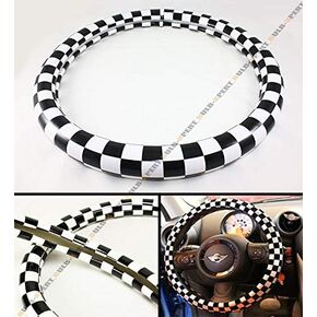 JCW Checkered Flag Style PU Ra Steering Wheel Cover 15'' Diameter for Mini Cooper S R52 R53 R54 R56 R57 R58 Steering Wheel