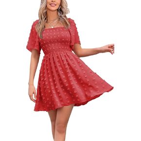 EXLURA Women's Summer Flowy Mini Sundress Square Neck High Waist Swiss Dot Smocked Ruffle Short Flutter Sleeve Dress
