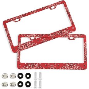 ALAZA Paisley Bandana Boho Red License Plate Frames for Women Men 2 Pcs Personalized Car License Plate Holder with Screw Caps, Round Hole