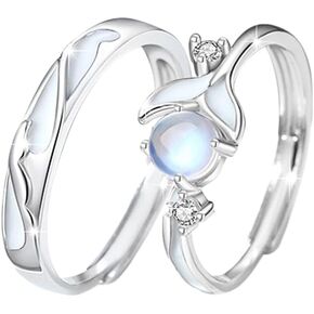 Glowing Band Moonstone Silver Couple Matching Promise Rings for Couples, Women, Men, Him, Her Set of 2 - Adjustable, Gift Wrap