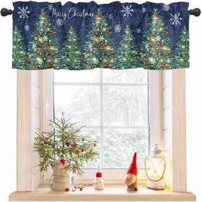 Navy Blue Christmas Curtain Valance for Windows/Living Room/Kitchen/Bathroom/Café, Short Rod Pocket Tier Curtain Window Treatment Panel White Snowflake Winter Xmas Tree Valance Curtain 42''x12''