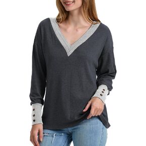 Women’s Color Block Tops Pleated V Neck Shirts Dressy Casual Drop Shoulder Pullover Fall Long Sleeve Blouses