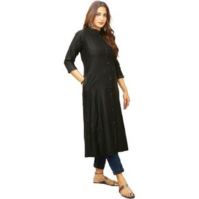 ladyline Women's Premium Rayon Slub Long Tunic Dress, Henley Neck Button-Down Style Kurta