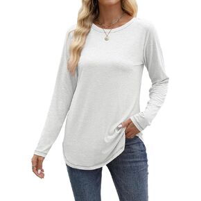 Long Sleeve Shirts for Women Crewneck Tunic Tops Curved Hem Basic Casual Tees 2024 Cream Medium