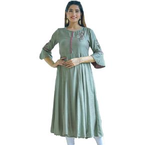 Yash Gallery Women's Poly Viscose Embroidered Calf Langth Round Neck 3/4 Sleeve Indian Anarkali Kurta Dress