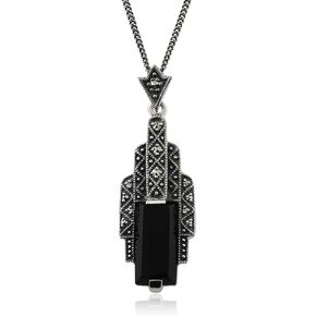 Gemondo USA 925 Sterling Silver Black Onyx Rectangular Cabochon & Marcasite Art Deco Pendant with 45cm Cable Chain Necklace