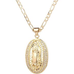 14K Gold Plated Guadalupe Virgin Mary Pendant Necklace for Women Men Two-layer White Color Zircon Inlay Oval Virgin Mary 3mm Flat Figaro Chain Necklace 18/22 inches