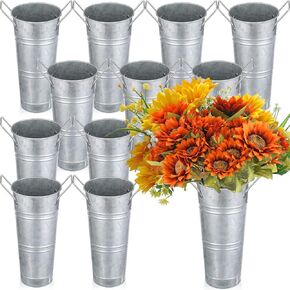 Chumia 12 Pcs Galvanized Flower Bucket 9 Inch Metal Vase Farmhouse Rustic French Flower Bucket with Handles for Cut Flowers Home Floral Centerpiece Container Wedding Table Decor(Beige)