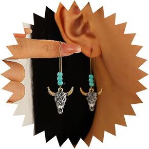 Boho Bull Hoop Earrings Silver Cow Turquoise Bead Earrings Vintage Tribal Cattle Head Earrings Personalized Cattle Head Dangle Earrings Jewelry for Women