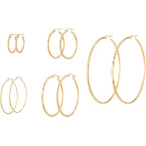 5 Pairs Gold Chunky Hoop Earrings for Women/Girl | 14K Gold Plated Lightweight Twisted Thick Open Hoop Earring Set for Gift (5 pack Big Gold Hoop Earrings)