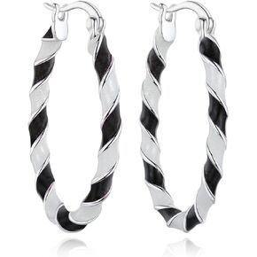 MUYUU Enamel Hoop Earrings-Silver Plated Black and White Earrings for Women-Charming Oval Earring Hoops