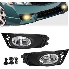 ECOTRIC Fog Lights Assembly Compatible with 2009-2011 Honda Civic 4DR Sedan Clear Lens JDM Style Fog Lamps Pair W/Bulbs Wiring Harness and Switch