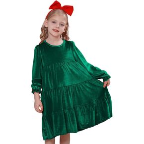 ODIZLI Kids Girls Fall Winter Xmas Long Puff Sleeve Round Neck Velvet Tiered Dress Party Dress Wedding Flower Girl Dress