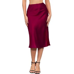 ALCEA ROSEA Women High Waist Silky Satin Midi Skirt Elastic Waist A Line Skirt with Slit