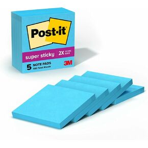 Post-it Super Sticky Notes, 5 Sticky Note Pads, 3 x 3 in., School Supplies, Office Products, Sticky Notes for Vertical Surfaces, Monitors, Walls and Windows,Blue Paradise