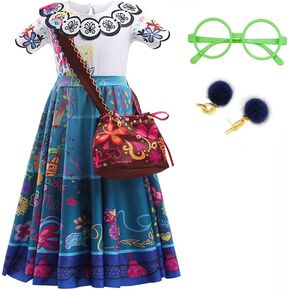 LZH Encanto Mirabel Costume Dress For Girls Cosplay Isabela Madrigal Princess Halloween Dress Up With Glasses Earrings