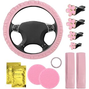 مجموعة إكسسوارات السيارة 10 قطع، غطاء عجلة القيادة من جلد البولي يوريثان، مشبك فتحة تهوية السيارة، مع غطاء حزام الأمان، ملصق حلقة زر البداية اللامعة لتزيين الجزء الداخلي لسيارتك (وردي) in Kuwait