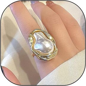GIGB PBDK 18k Gold Irregular Pearl Ring for Women,Gold Plated Adjustable White Baroque Pearl Finger Rings,Dainty Statement Jewelry for Wedding Party