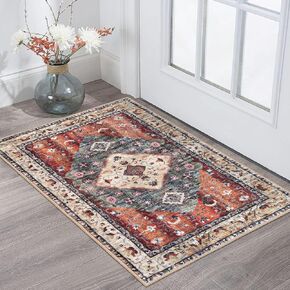 KOZYFLY Small Area Rug 2x3 Ft Rugs for Entryway Washable Boho Entry Rug Non Slip Door Mat Indoor Entrance Rust Orange Printed Faux Wool Vintage Printed Kitchen Rug Throw Rugs for Entrance Kitchen