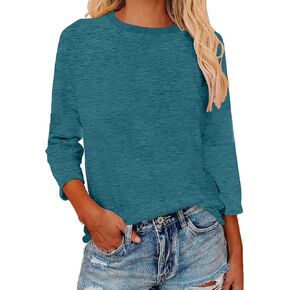 Womens 3/4 Sleeve Shirts Patchwork Blouse Fashion Crewneck Tops Solid Tee Casual Comfy T-Shirt