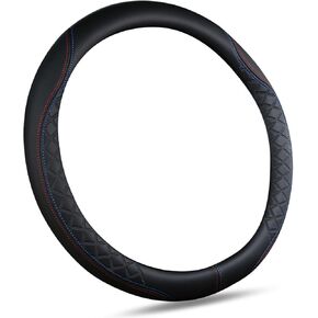 SuperKaKa Diamond Check Pattern Leather Car Steering Wheel Cover - Universal Stylish & Comfortable PU Auto Protector Cars Interior Accessories for Women Men (Black)