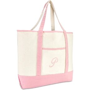 DALIX Women's Cotton Canvas Tote Bag Large Shoulder Bags Pink Monogram A - Z
