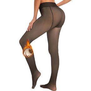 DOCUMO Fleece Lined Tights for Women Thermal Pantyhose Warm Winter Tights High Waisted Thick Leggings Fake Translucent Tights (300g Thick Fleece Footed Sheer Black,X-Large)