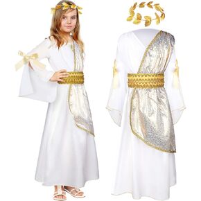 Geyoga 2 Pcs Girls Greek Costume Set Toga Costume Grecian Roman Costume and Crown Leaf Wreath Halloween Cosplay