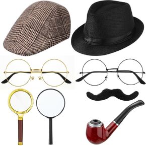 Jeyiour 8 pcs Detective Costume Accessories for Adults Detective Hat Detective Kit Detective Outfit Party Decoration (Retro Style, Cotton)