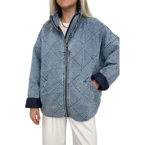 utcoco Women's Oversized Long Sleeve Denim Jacket Casual Loose Fit Zip Up Jean Quilted Jackets Coat with Pockets