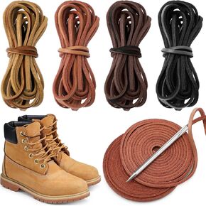 Dingion 4 Pairs Leather Boot Laces with Lacing Needle 72" Extra Long Shoe Laces Heavy Duty Genuine Leather Shoelaces Replacement Laces for Boot Boat Shoe